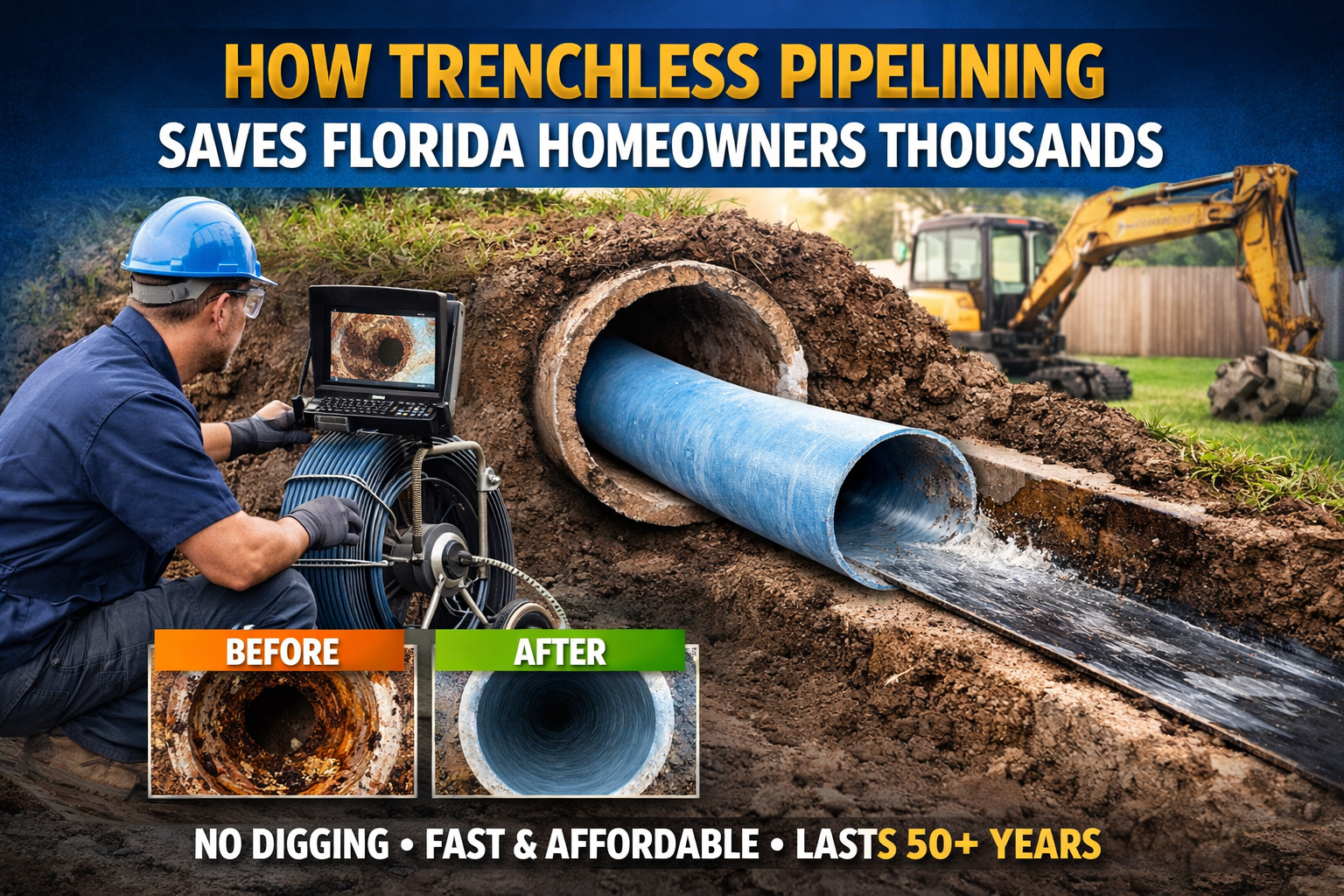 Ad-style composite image of trenchless pipelining with before and after sewer pipe visuals