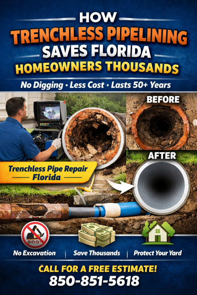 Digital image showing trenchless pipelining services with clean yard and pipe diagram